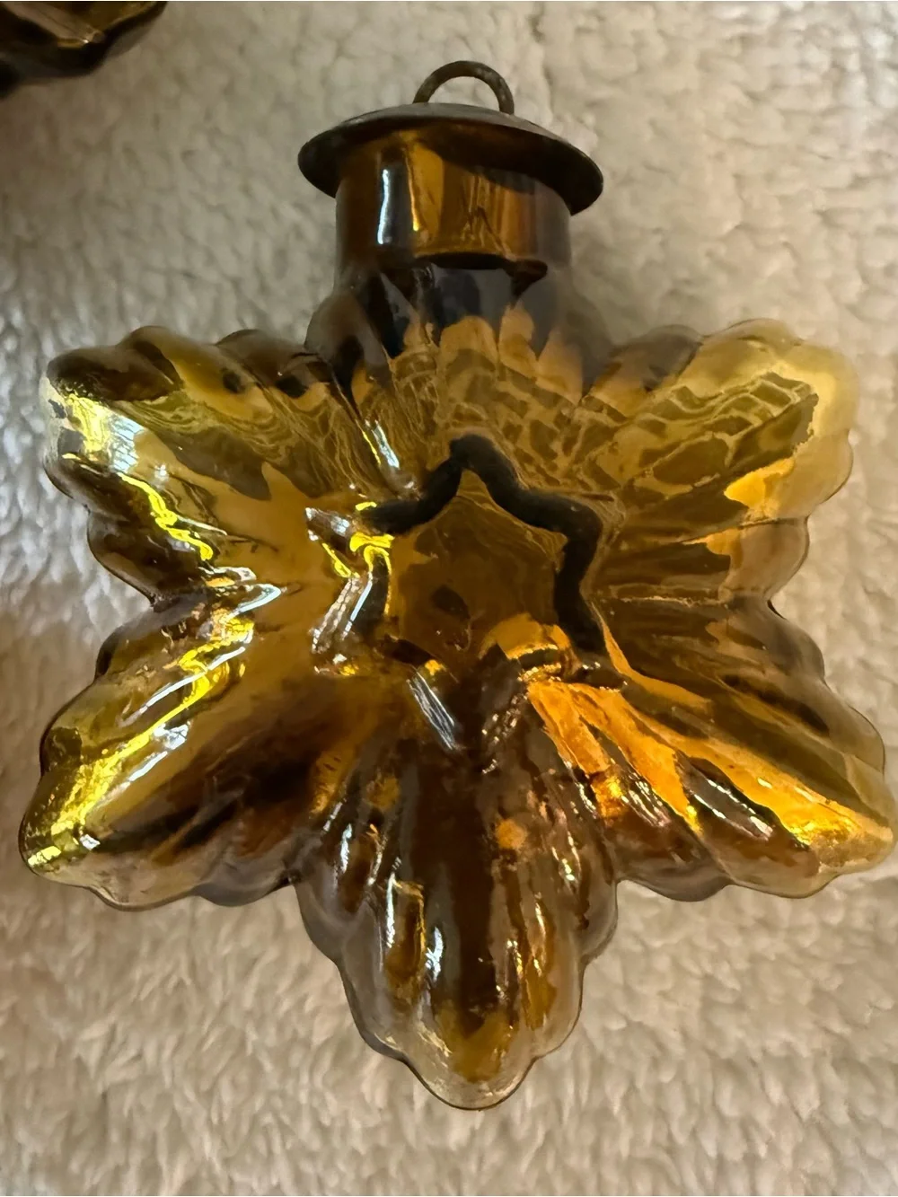 3 VTG Gold Orange Glass Star Snowflake Christmas Ornament Kugel Midwest Brass